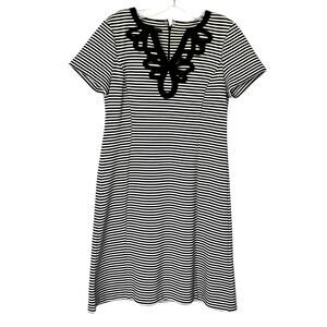 Talbots Wms Petite M Navy Cream Striped Shift Dress Embroidered Yoke Preppy